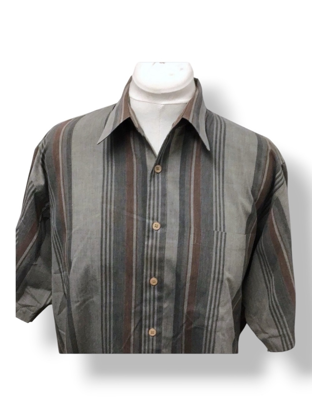 Untied Mens Short Sleeve Button Down Shirt VTG 90s Vertical Stripe Gray/Brown XL - Picture 2 of 7